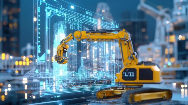 Construction Innovation: An excavator, illuminated by futuristic digital blueprints, symbolizing the intersection of modern construction and technological advancement.  