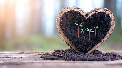 Heart shaped patch of soil with seedlings sprouting symbolizes growth and love for nature