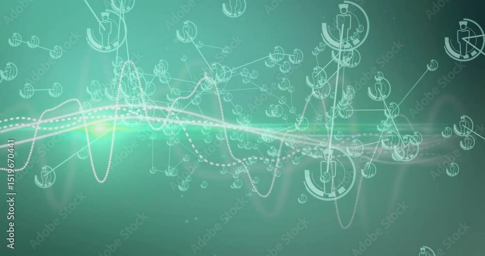 Poster upon initiating movement two waveforms on teal spawning pulsing nodes forming network clusters