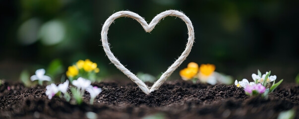 Heart shaped decoration surrounded by vibrant flowers in rich soil creates charming garden scene
