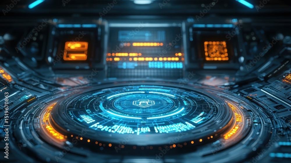 Poster futuristic user interface with neon lighting and digital elements