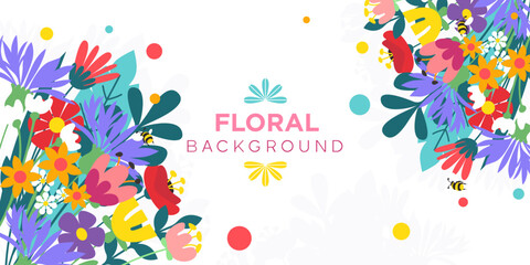 Background with meadow and garden blooming flowers in vector, flat style.