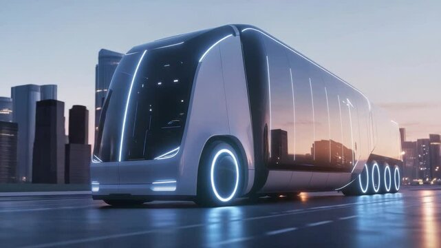 Futuristic Bus on the Road: A sleek, futuristic bus with glowing features navigates a modern cityscape, showcasing innovation in urban transport.
