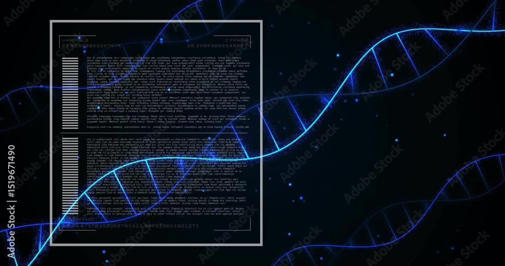 Poster square appearing, curve drawing dna helix, code fading and chart sliding, visualizing genetic data