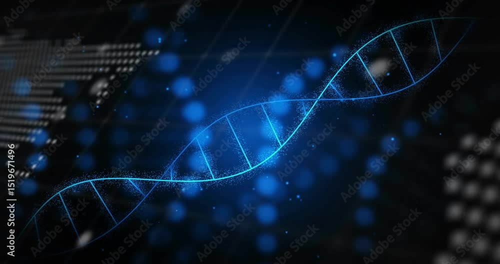 Poster emerging from right blue helix strand undulating, rotating over map, code showing data flow