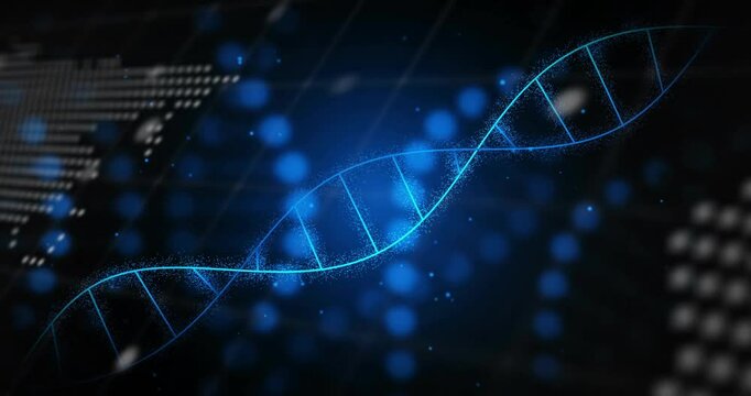 Emerging from right blue helix strand undulating, rotating over map, code showing data flow