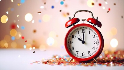 Red Alarm Clock at Midnight with Confetti