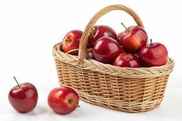 Wicker Basket with Shiny Red Apples on White Background