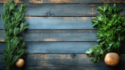Rustic wooden table, herbs, potatoes, copy space, food blog