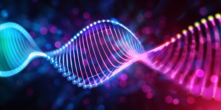 Vibrant light waves in various colors create dna strand an enchanting display against a dark backdrop