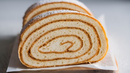 Fototapeta premium Fresh slice of sponge roll cake presented in high-focus bakery photo – sponge roll wallpaper – bakery wallpaper – sponge roll image