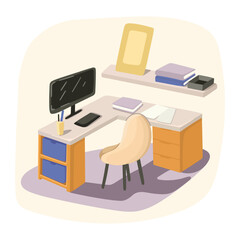 Cozy home office workspace. Freelance lifestyle. Vector.