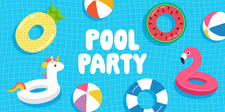 Pool party, pink inflatable flamingo, swimming ring unicorn rubber balls, swimming ring watermelon in flat style on blue background. Vector illustration.