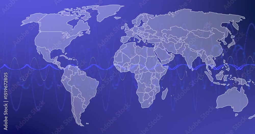 Poster oscillating sine waveform starting world map outlines building across gradient for infographic