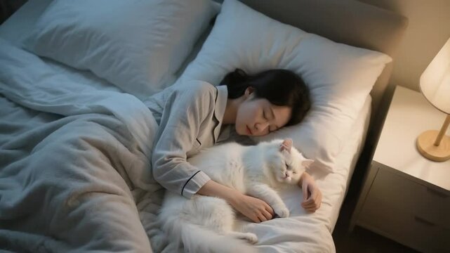 Mujer durmiendo con su gato Angora