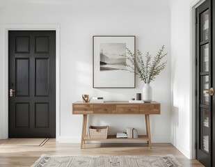 A modern entryway with a minimalist console table, framed picture, and small decorative plants on the table.	
