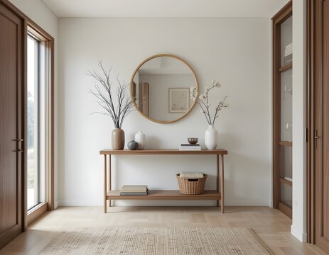 A modern entryway with a minimalist console table, a round mirror on the wall and small plant in a vase on the table.