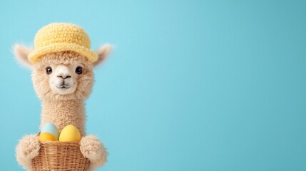 Fototapeta premium Adorable alpaca wearing a yellow hat holding a basket of pastel Easter eggs against a light blue background. Perfect for Easter cards, websites, and social media.