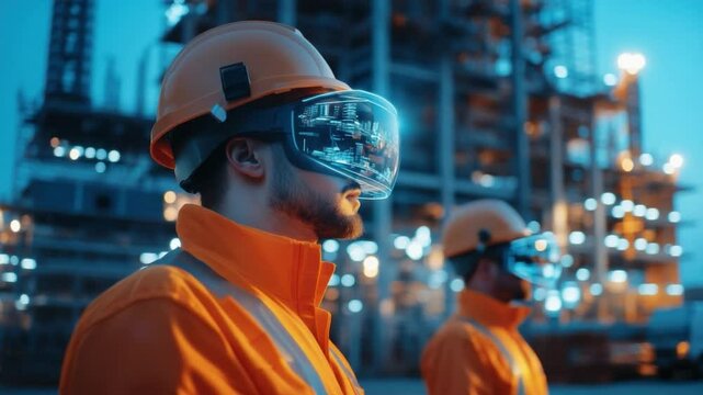 Engineer in VR: A modern engineer wearing a virtual reality headset on a construction site, his gaze is fixed on augmented blueprints for a complex project, highlighting the future of technology.
