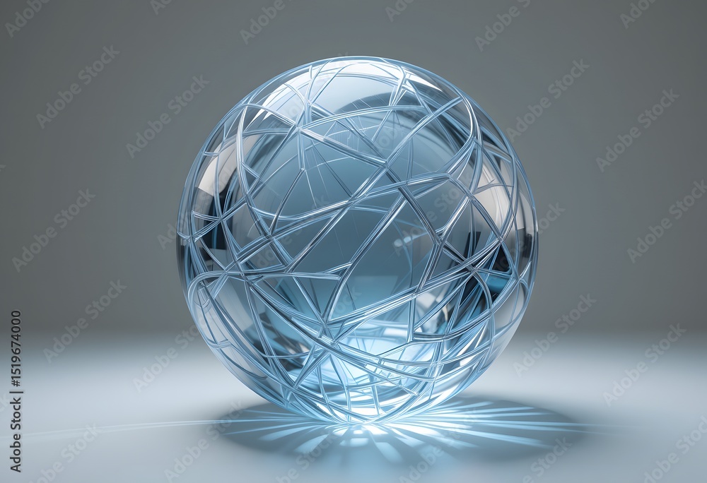 Poster Glass Sphere Abstract Art, Translucent 3d Shape Creates Intricate Reflection Patterns, With Smooth Curves And Soft Lighting. A Captivating Design Element, Excellent For Adding An Engaging, Modern