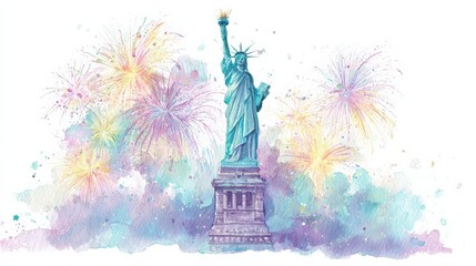 Statue of liberty with fireworks celebrating independence day watercolor painting