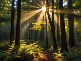 Golden sun rays piercing through dense tree canopy in a forest