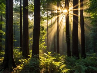 Golden sun rays piercing through dense tree canopy in a forest