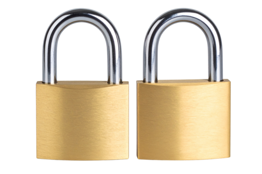 Two Classic Brass Padlock with Steel Shackle, isolated on a transparent background