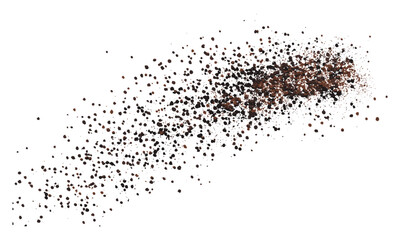 Ground peppercorn pile flying isolated on white, minced black pepper, macro, spice, cooking ingredients, seasoning, flavor, organic food, aromatic seasoning, kitchen essentials, culinary herbs.