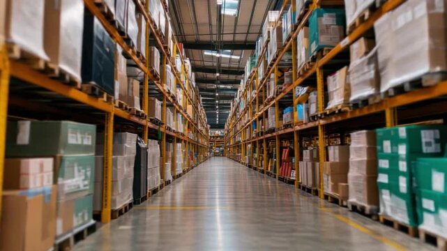 Warehouse Efficiency: A detailed view of a modern warehouse showcases towering shelves packed with various goods, conveying a sense of organization, logistics, and industrial prowess.