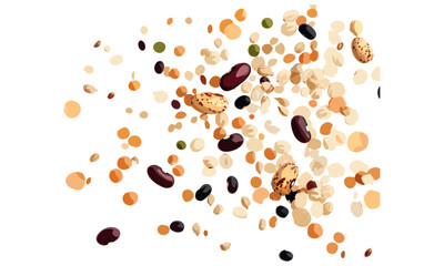 Legumes and cereals mix, beans, peas, lentils, barley, spelt isolated on white, top view, vector illustration, healthy grains, vegan diet, nutritious meal, organic foods, plant-based nutrition.