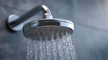 Closeup of a modern chrome shower head with water flowing in a contemporary bathroom setting
