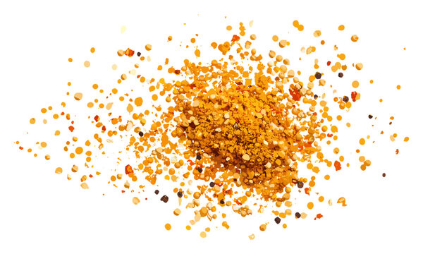 Minced curry pile, turmeric, mustard, fenugreek, coriander, paprika, cumin, pepper isolated on white, top view, vector illustration, spices, culinary ingredients, food illustration.