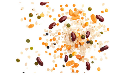 Mix legumes and cereals, beans, peas, lentils, barley, spelt isolated on white, top view, vector illustration, healthy food, nutrition, organic ingredients, plant-based diet, vegan, superfood.