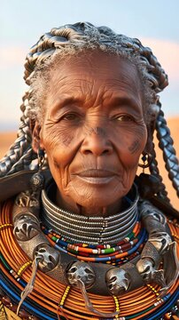 Himba woman carefully arranging intricate white hair braids, adorned with traditional jewelry, representing indigenous cultural identity in Namibian landscape.woman, namibia