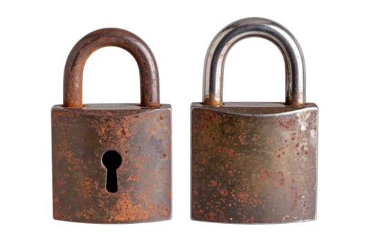 Two Rusty Old Padlock with Weathered Surface, isolated on a transparent background