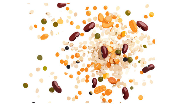 Mix legumes and cereals, beans, peas, lentils, barley, spelt isolated on white, top view, vector illustration, healthy food, nutrition, organic ingredients, plant-based diet, vegan, superfood.