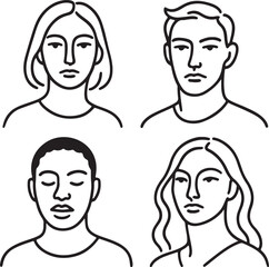 Create elegant black and white minimalist line art portraits of diverse people with clean lines and abstract expressions.
