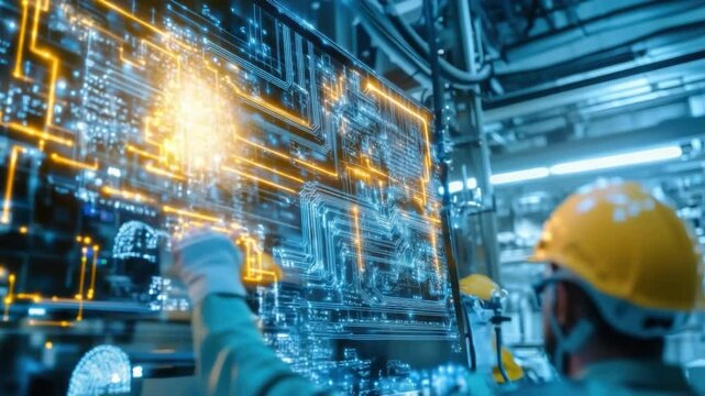 Innovation Unveiled: An engineer in a protective helmet delves into the complexities of a cutting-edge circuit board, representing the essence of Industry.