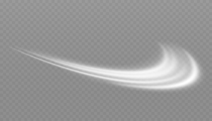 White glowing shiny lines effect. Set of glowing ellipses in speed shape. Imitation of the exit of cold air. Light trail wave, fire path trace line and incandescence curve twirl.