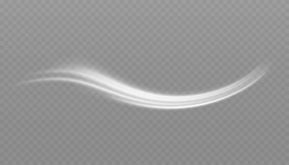 White glowing shiny lines effect. Set of glowing ellipses in speed shape. Imitation of the exit of cold air. Light trail wave, fire path trace line and incandescence curve twirl.