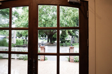 Wooden door of cozy home,door for home decor,Interior design of dining room or living room.