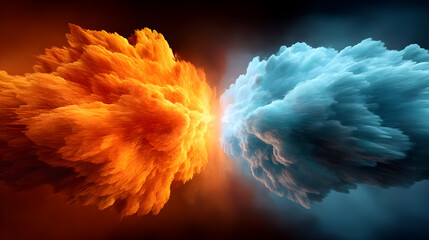 Dramatic Collision of Orange and Blue Smoke Clouds in Abstract Art