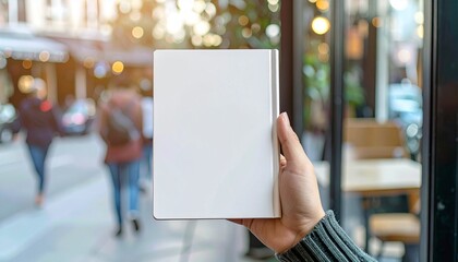 Hand holding blank white book on blurred urban background with bokeh lights