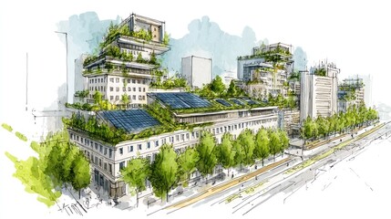 Sustainable urban landscape with green rooftops and solar panels