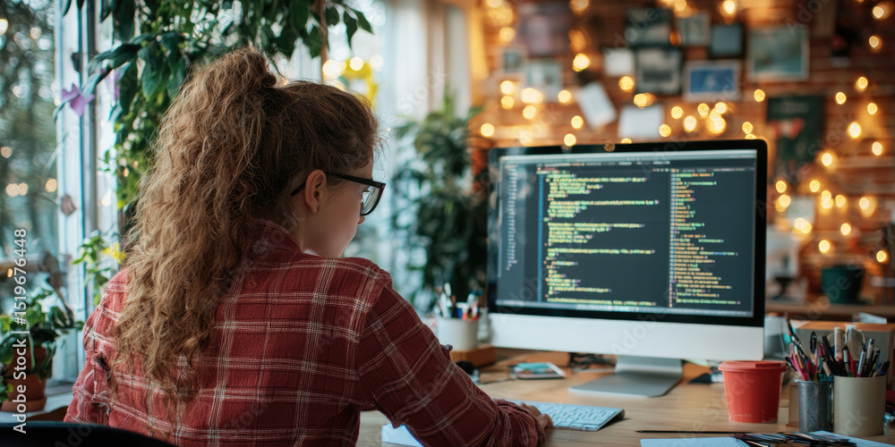 Poster young woman computer coding workspace casual focused indoor technology programming cozy