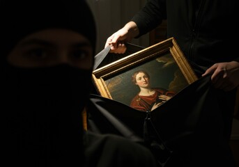 Masked thief carefully removes a framed painting from a dark room, highlighting the act of art theft in a secretive and stealthy manner