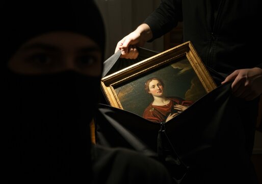 Masked thief carefully removes a framed painting from a dark room, highlighting the act of art theft in a secretive and stealthy manner