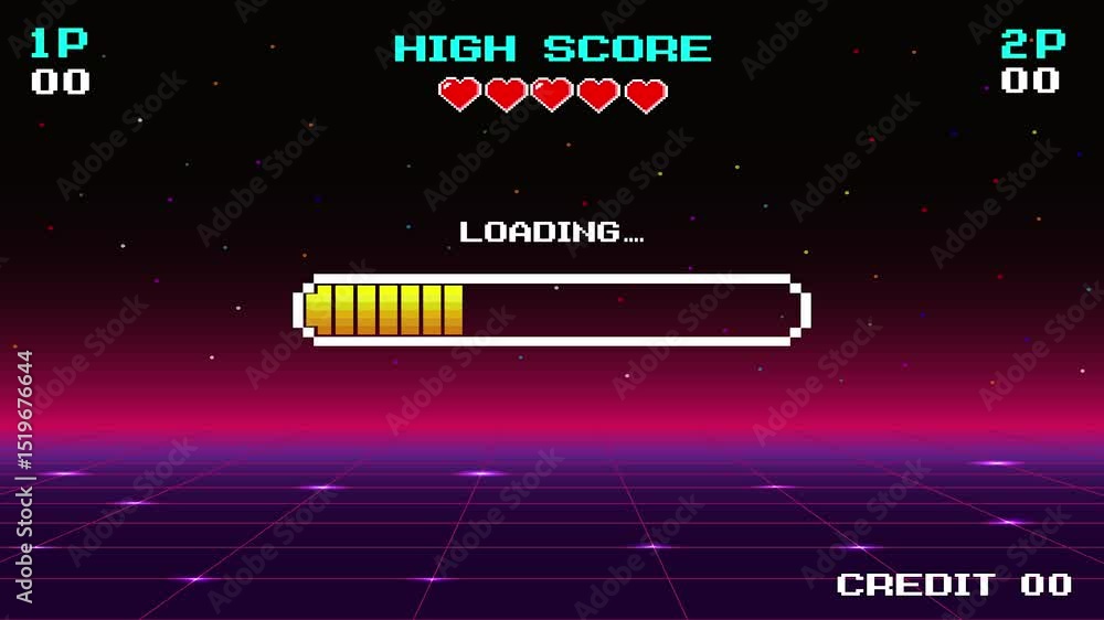 Poster loading. pixel art. 8 bit. retro game. for game assets. retro futurism sci-fi background. glowing ne
