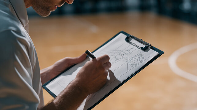 Basketball Coaching Strategies: Clipboard and Diagram Technique in Action for Tactic Planning